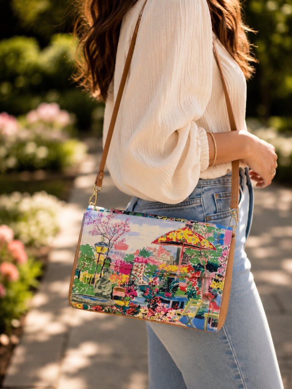 NEW Talbots Watercolor Artwork Painted Leather Satchel w/ Crossbody Strap